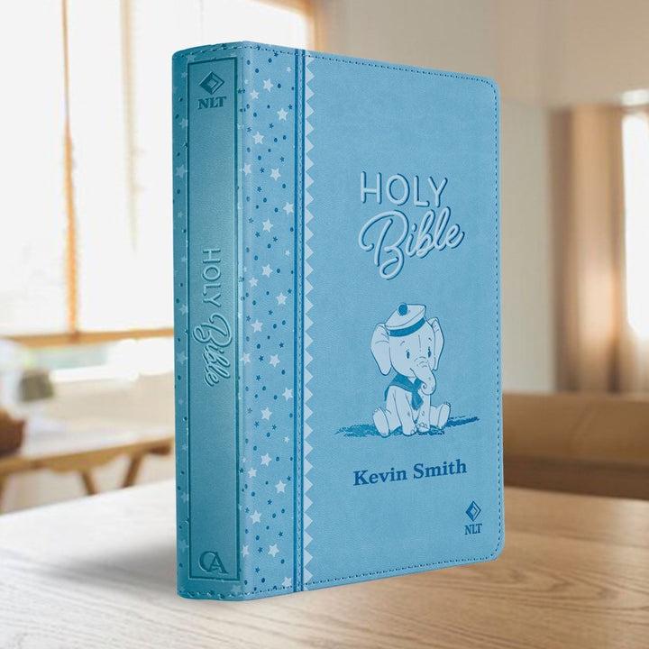 Personalized Keepsake First Holy Bible NLT Medium Print Faux Leather - with Illustrated Elephant Design on Cover Blue | Shepherds Shelf - Shepherds Shelf
