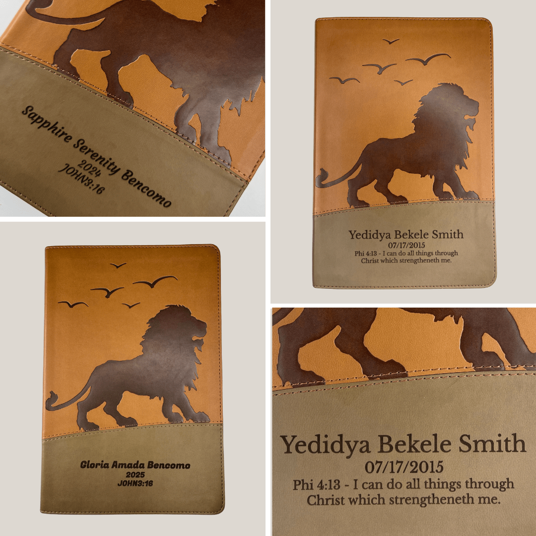 Personalized KJV Kids Big Story Holy Bible Medium Print Faux Leather Bible with Regal Lion Design on Cover Brown | Shepherds Shelf - Shepherds Shelf