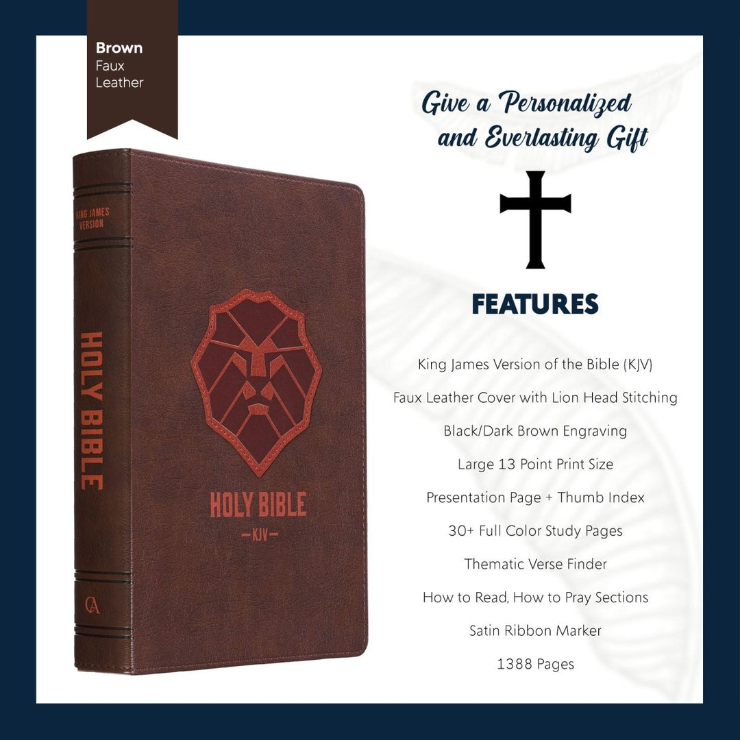 Personalized KJV Kids First Holy Bible Large Print Indexed Faux Leather Bible with Lion Design on Cover Brown | Shepherds Shelf - Shepherds Shelf