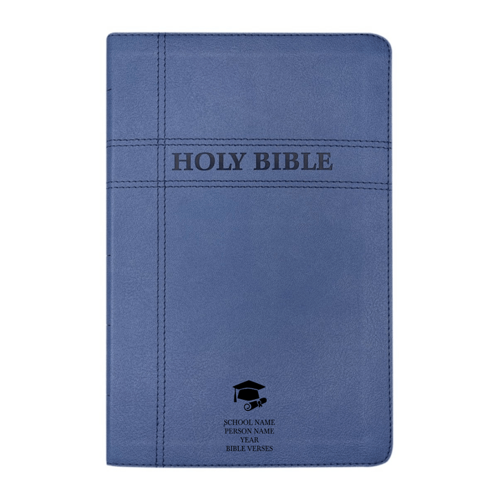 Personalized NIV Holy Bible Premium Indexed Small Print Bible | Custom Engraved with Name or Text on Faux Leather Cover Blue | Shepherds Shelf - Shepherds Shelf