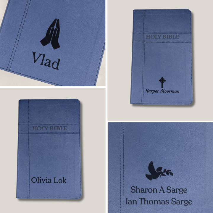 Personalized NIV Holy Bible Premium Indexed Small Print Bible | Custom Engraved with Name or Text on Faux Leather Cover Blue | Shepherds Shelf - Shepherds Shelf