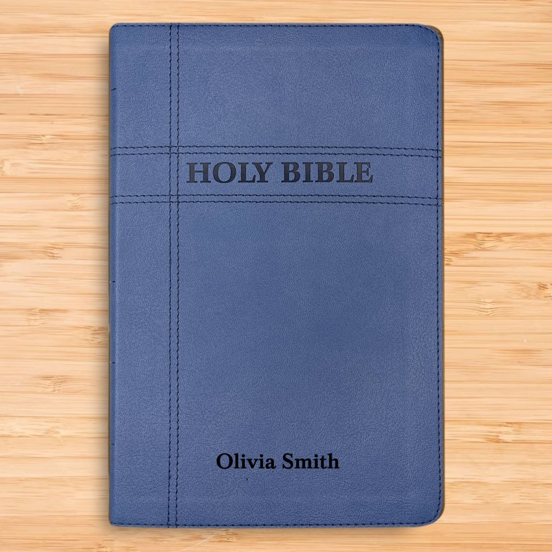 Personalized NIV Holy Bible Premium Indexed Small Print Bible | Custom Engraved with Name or Text on Faux Leather Cover Blue | Shepherds Shelf - Shepherds Shelf