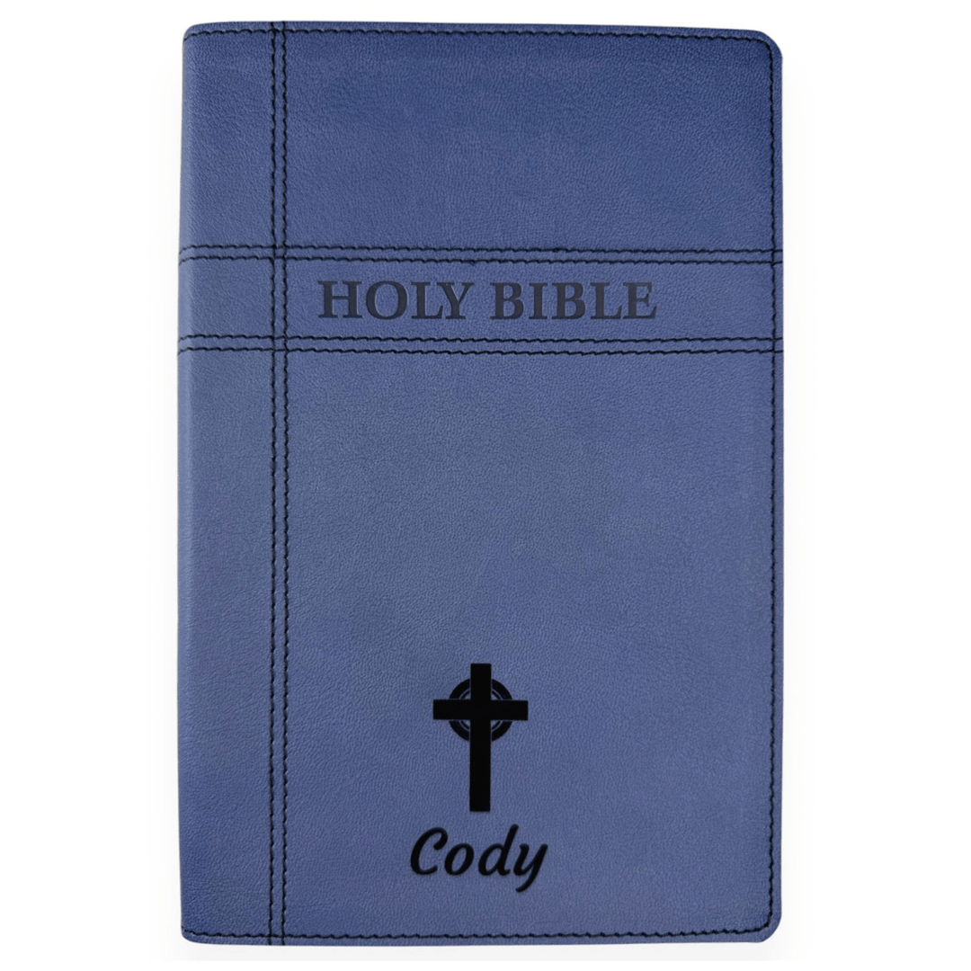 Personalized NIV Holy Bible Premium Indexed Small Print Bible | Custom Engraved with Name or Text on Faux Leather Cover Blue | Shepherds Shelf - Shepherds Shelf