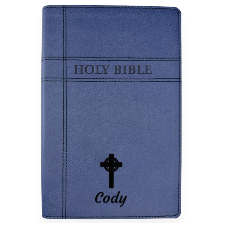 Personalized NIV Holy Bible Premium Indexed Small Print Bible | Custom Engraved with Name or Text on Faux Leather Cover Blue | Shepherds Shelf - Shepherds Shelf