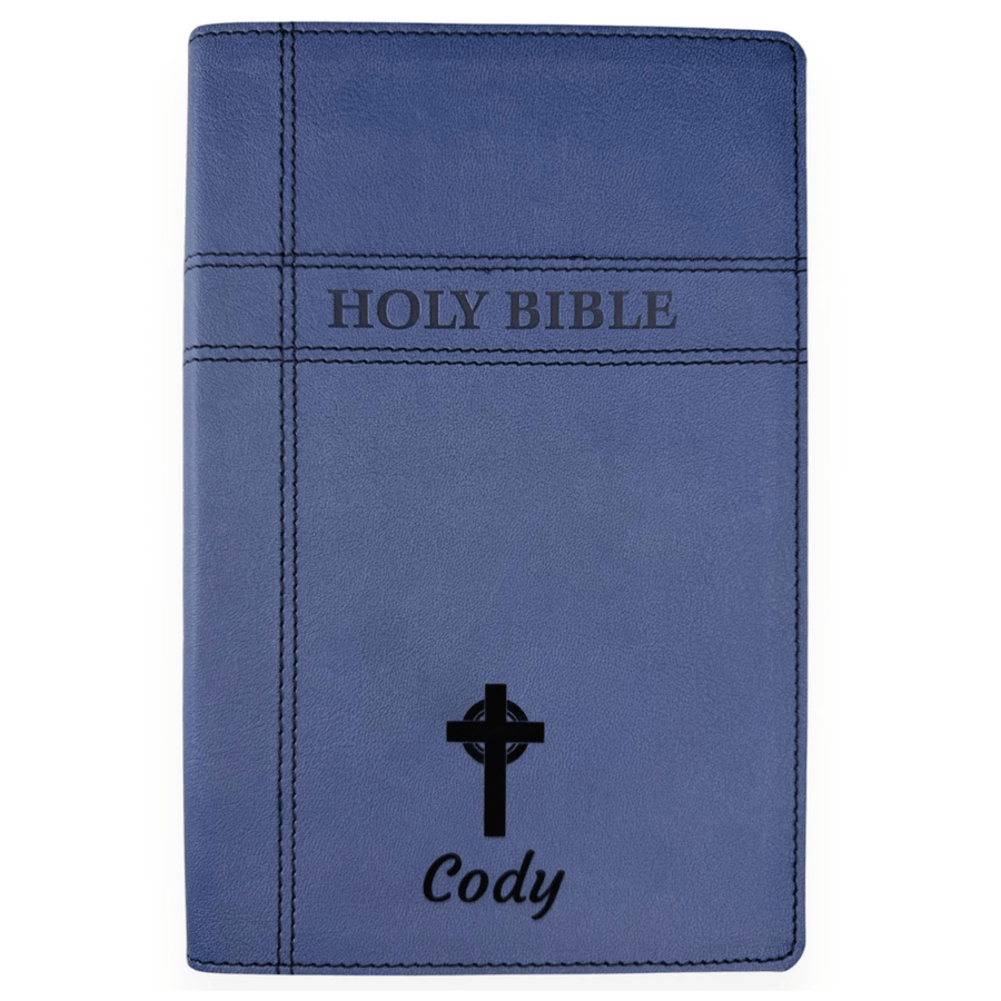 Personalized NIV Holy Bible Premium Indexed Small Print Bible | Custom Engraved with Name or Text on Faux Leather Cover Blue | Shepherds Shelf - Shepherds Shelf