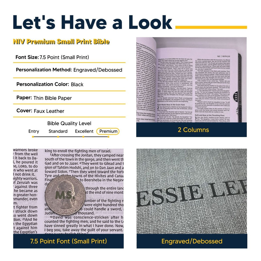 Personalized NIV Holy Bible Premium Indexed Small Print Bible | Custom Engraved with Name or Text on Faux Leather Cover Gray | Shepherds Shelf - Shepherds Shelf