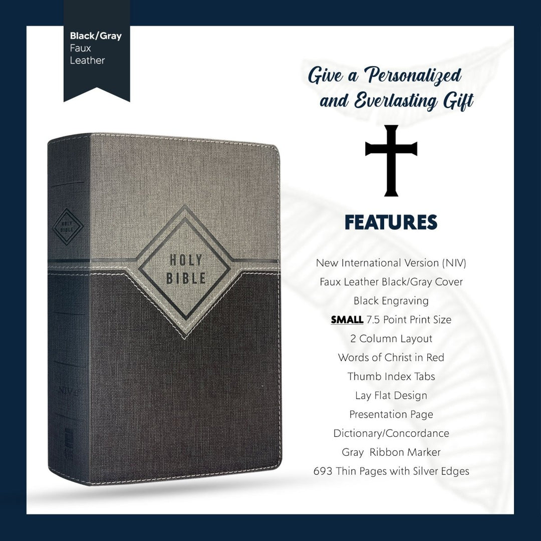 Personalized NIV Holy Bible Premium Indexed Small Print Bible | Custom Engraved with Name or Text on Faux Leather Cover Gray | Shepherds Shelf - Shepherds Shelf