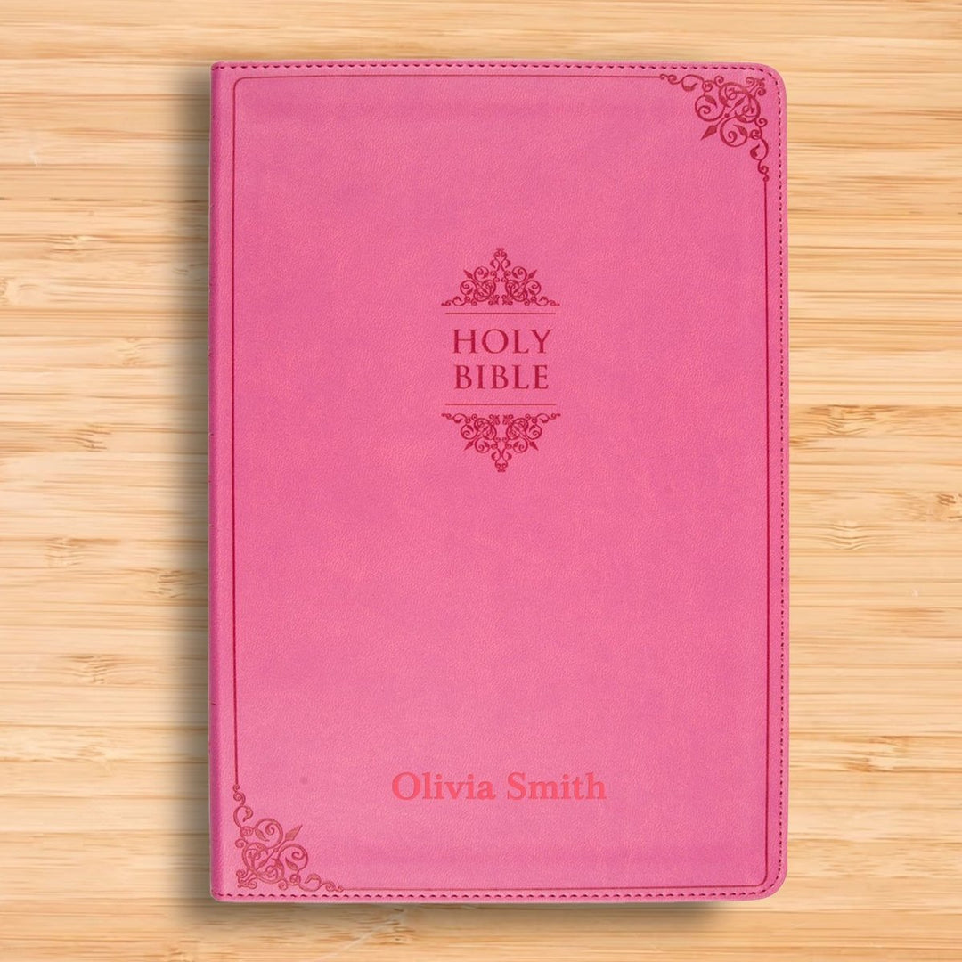 Personalized NIV Thinline Holy Bible Medium Print Size Custom Engraved | Includes Name and Up to 3 Rows of Text on Faux Leather Cover PInk | Shepherds Shelf - Shepherds Shelf
