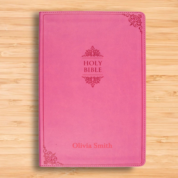 Personalized NIV Thinline Holy Bible Medium Print Size Custom Engraved | Includes Name and Up to 3 Rows of Text on Faux Leather Cover PInk | Shepherds Shelf - Shepherds Shelf