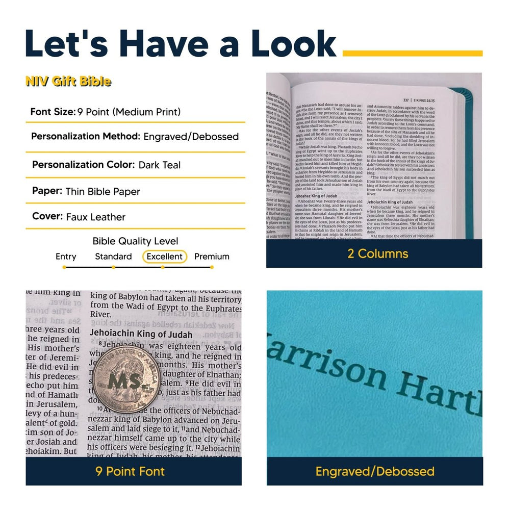 Personalized NIV Thinline Holy Bible Medium Print Size Includes Custom Engraved Name Faux Leather Cover Teal | Shepherds Shelf - Shepherds Shelf