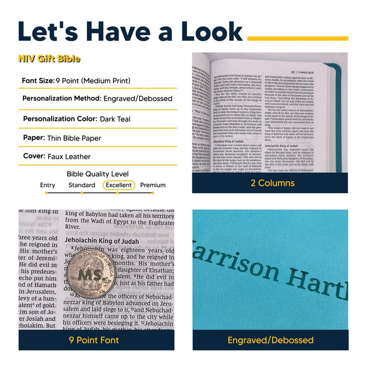 Personalized NIV Thinline Holy Bible Medium Print Size Includes Custom Engraved Name Faux Leather Cover Teal | Shepherds Shelf - Shepherds Shelf