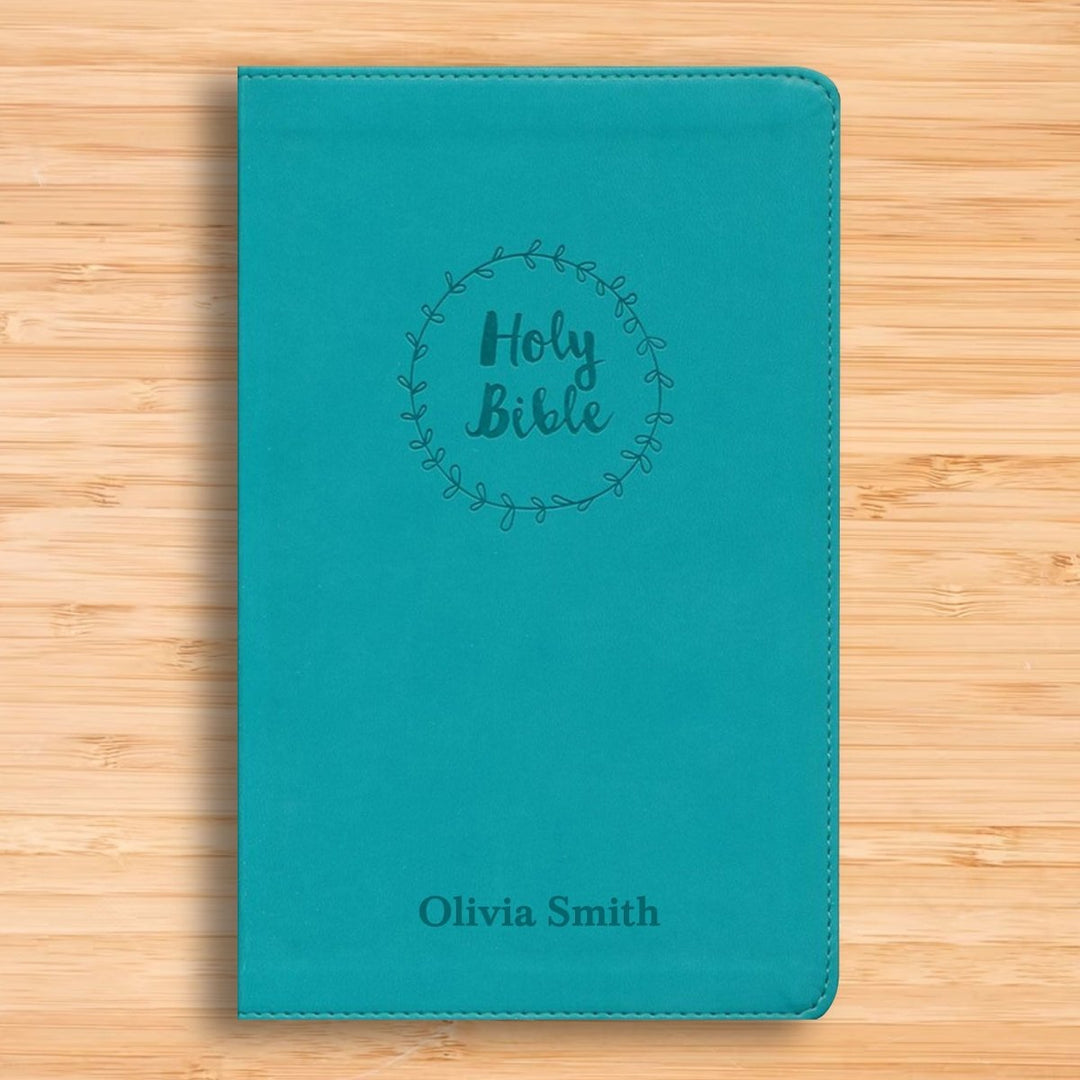 Personalized NIV Thinline Holy Bible Medium Print Size Includes Custom Engraved Name Faux Leather Cover Teal | Shepherds Shelf - Shepherds Shelf