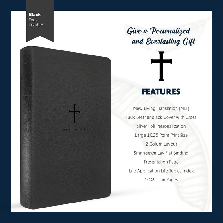 Personalized NLT Bible New Living Translation Thinline Faux Leather Holy Bible with Custom Name in Silver Large Print Black | Shepherds Shelf - Shepherds Shelf