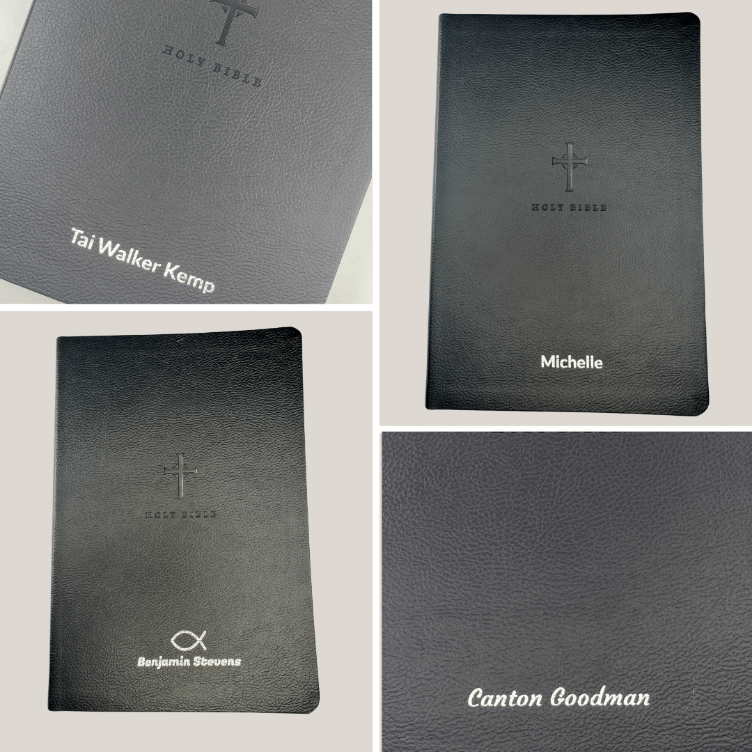 Personalized NLT Bible New Living Translation Thinline Faux Leather Holy Bible with Custom Name in Silver Large Print Black | Shepherds Shelf - Shepherds Shelf