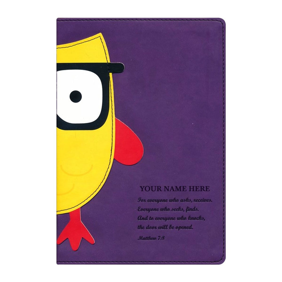 Personalized NLT Kids Bible Ultra Slim Small Print Faux Leather Custom Name only with Owl Design on Cover Purple | Shepherds Shelf - Shepherds Shelf