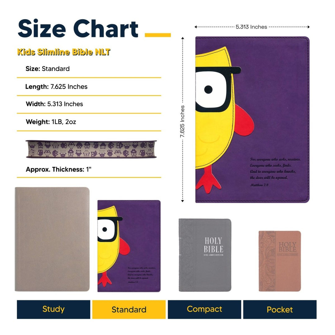 Personalized NLT Kids Bible Ultra Slim Small Print Faux Leather Custom Name only with Owl Design on Cover Purple | Shepherds Shelf - Shepherds Shelf
