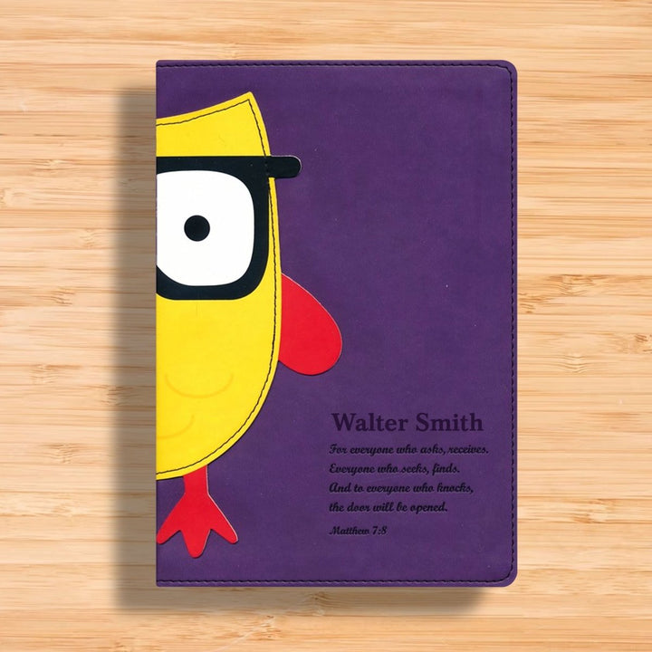 Personalized NLT Kids Bible Ultra Slim Small Print Faux Leather Custom Name only with Owl Design on Cover Purple | Shepherds Shelf - Shepherds Shelf