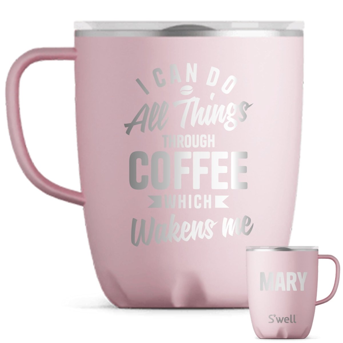 Personalized Pink Coffee Mug I can do all things through coffee Funny Christian Tumbler with Sliding Lid 12 Oz | Shepherds Shelf - Shepherds Shelf