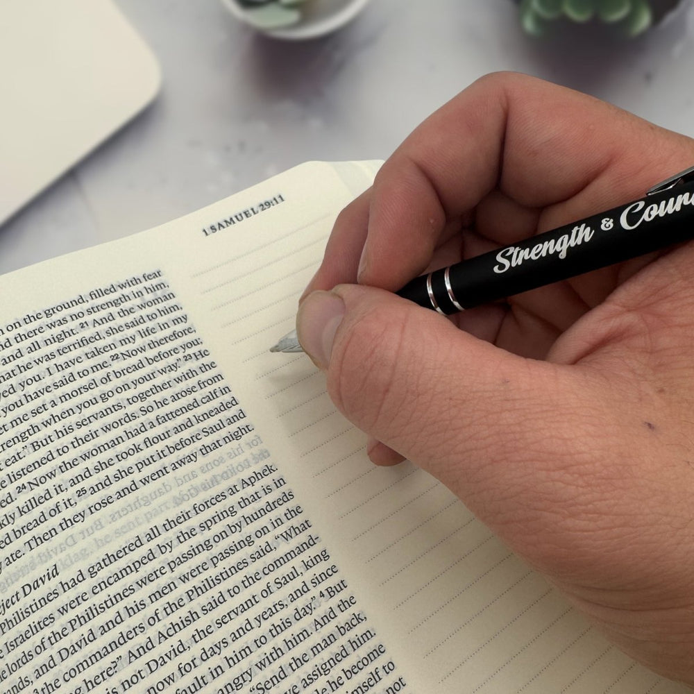 Strength & Courage Black Ink Metal Stylus Pen, Black - Shepherds Shelf