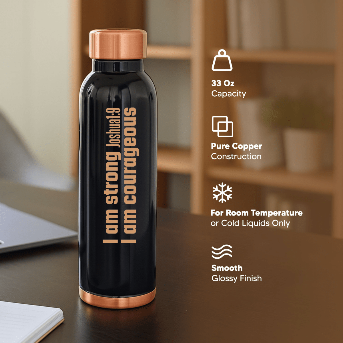 Strong and Courageous Custom Personalized Copper Water Bottle Joshua 1:9 and Name | Pure Copper | 33 Oz - Shepherds Shelf