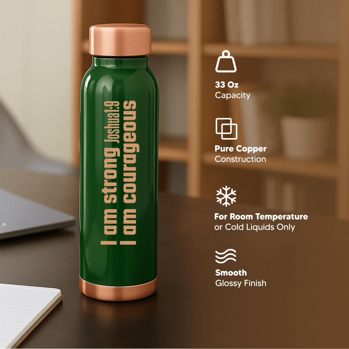 Strong and Courageous Custom Personalized Copper Water Bottle Joshua 1:9 and Name | Pure Copper | 33 Oz - Shepherds Shelf