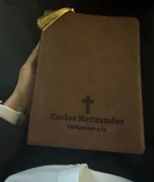 Brown Bible personalized with a name and verse