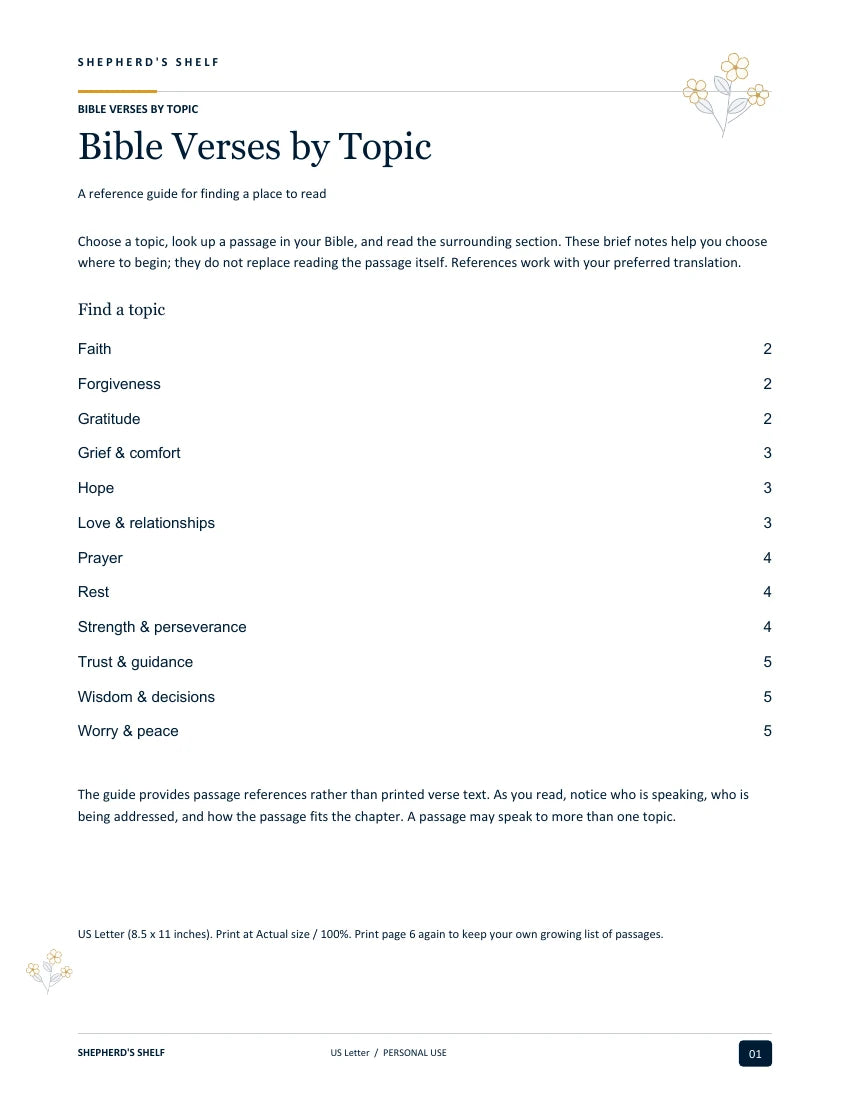 Bible Verses by Topic — first page from the finished US Letter PDF
