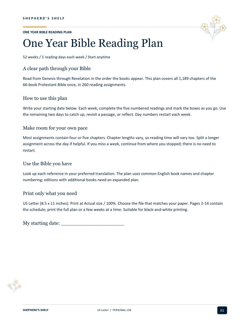 One Year Bible Reading Plan — first page from the finished US Letter PDF