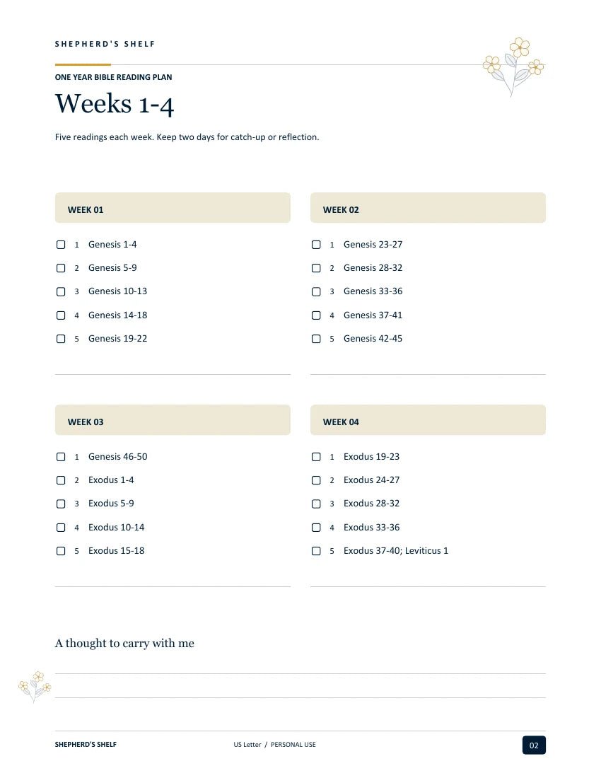One Year Bible Reading Plan — printable worksheet page from the finished US Letter PDF
