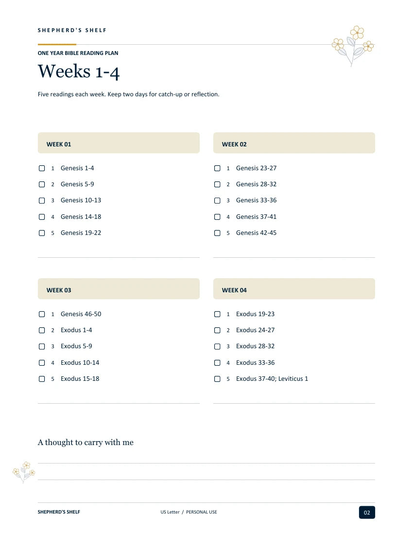 One Year Bible Reading Plan — printable worksheet page from the finished US Letter PDF