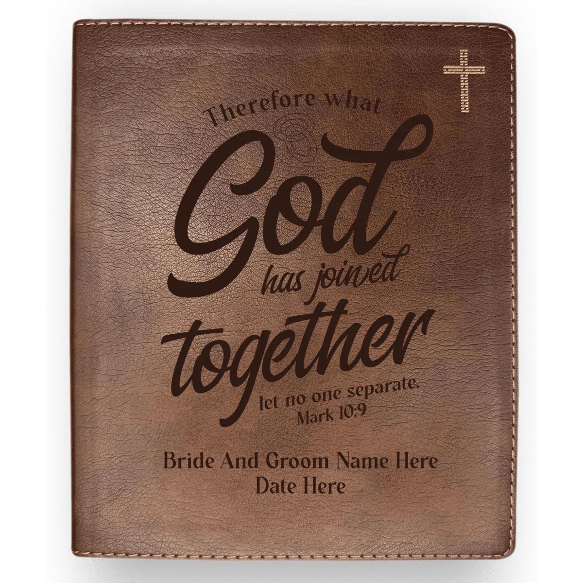 Brown NIV wedding Bible personalized with a Mark 10:9 design