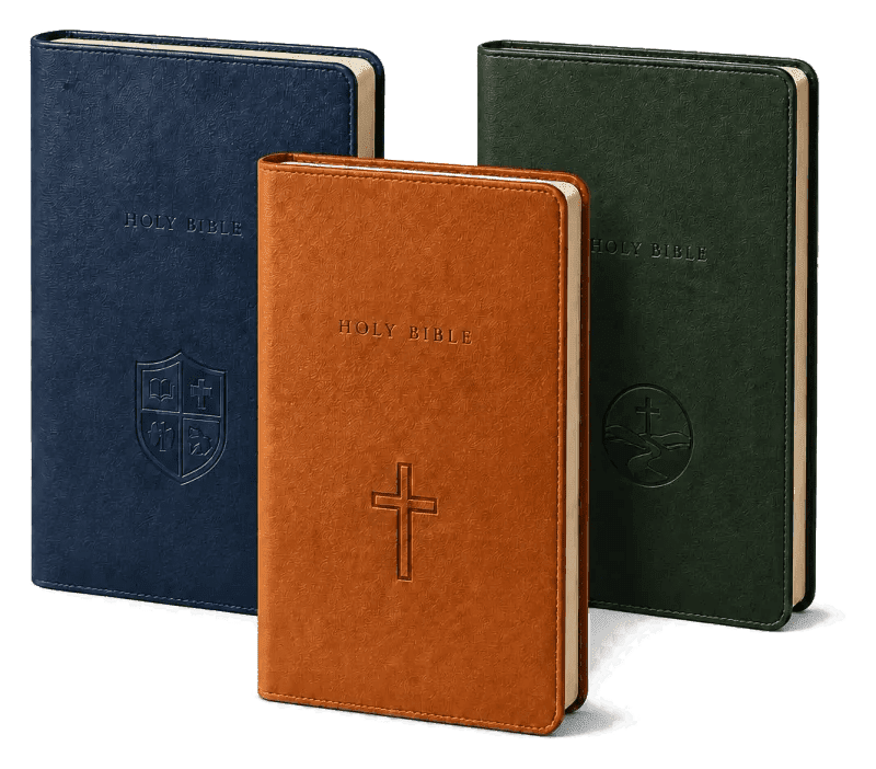 Three personalized Bibles in navy, cognac, and forest green with distinct organization marks