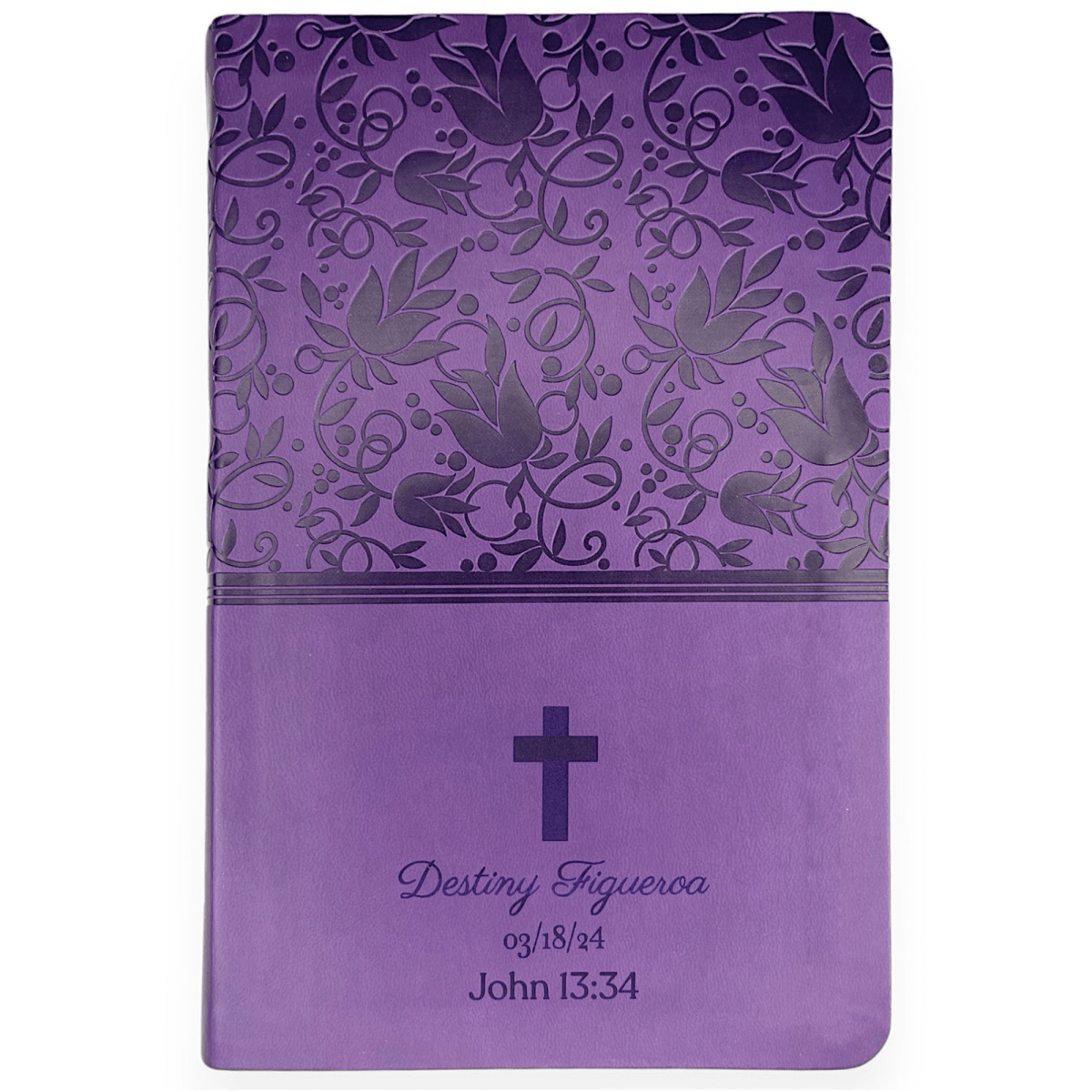 KJV Purple with Index Tabs, Popular option, with an illustrative personalized name on the actual product photo