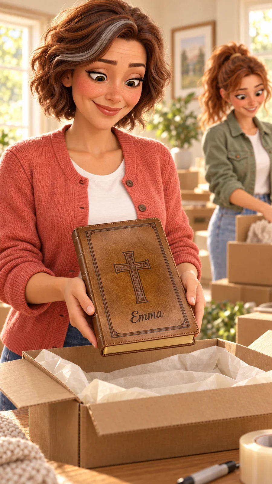 Emma’s mother placing the honey-brown Bible in a moving box