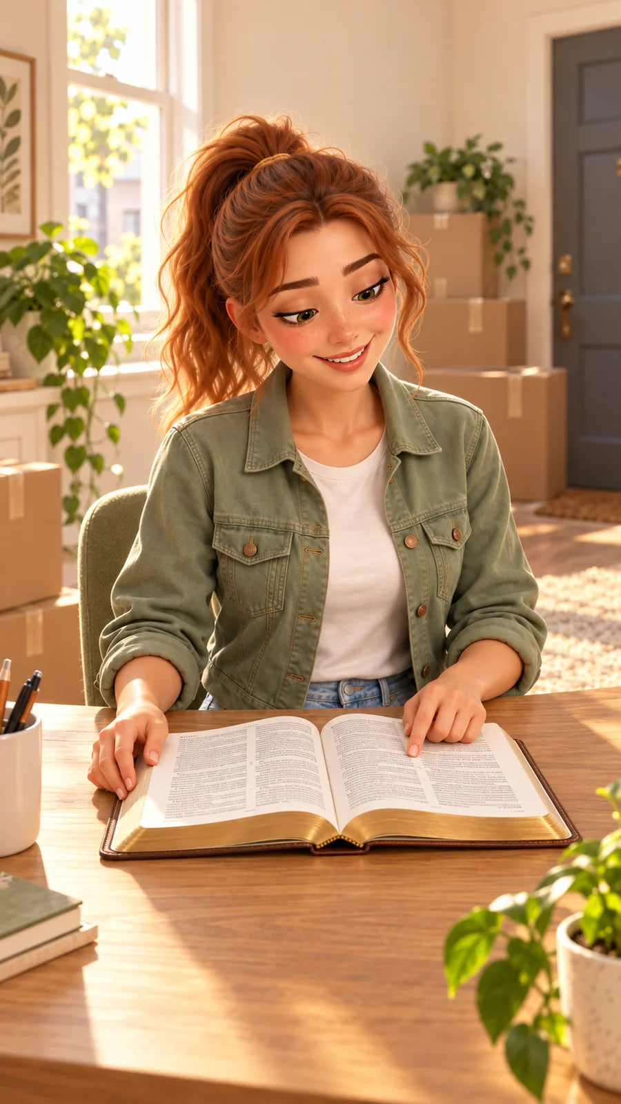 Emma reading her Bible at the table in her bright new room