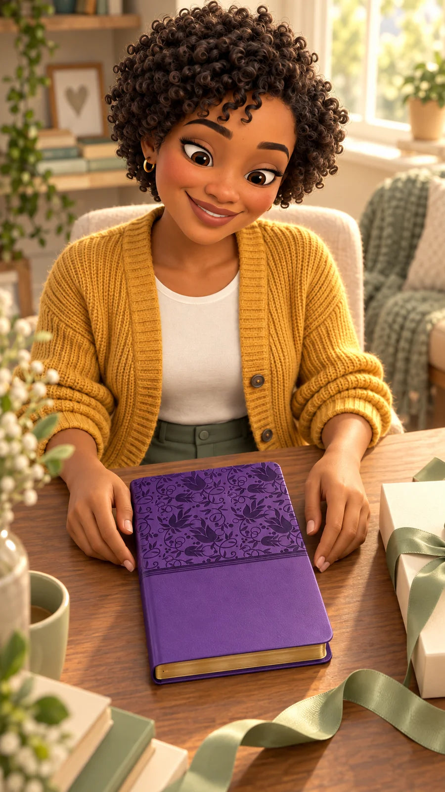 The friend in a mustard cardigan thoughtfully choosing the purple Bible