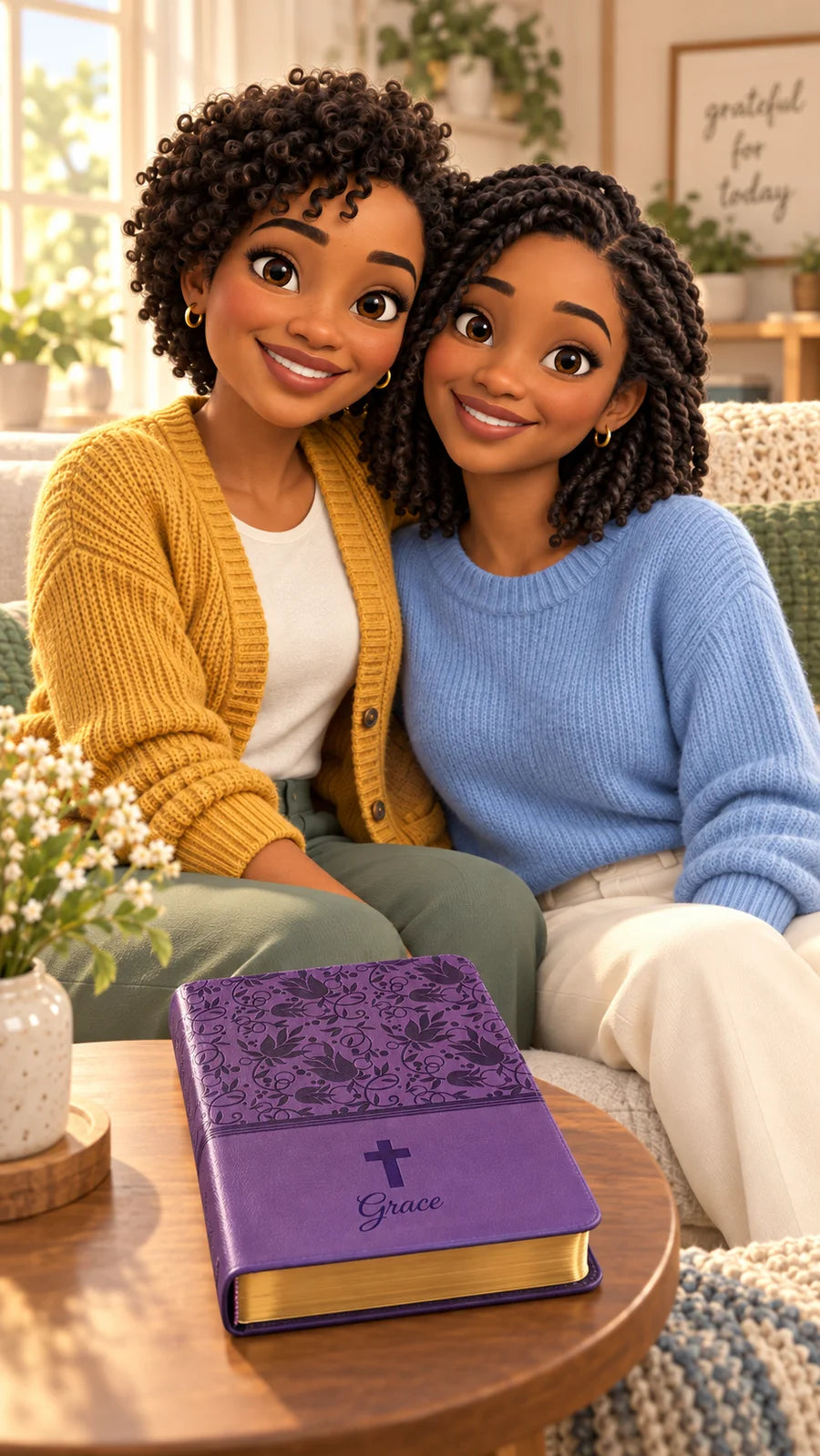 The same two friends sitting together beside their purple Bible