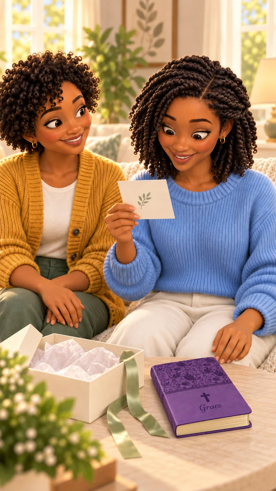The same animated friends in mustard and blue sharing a handwritten note beside the purple Bible