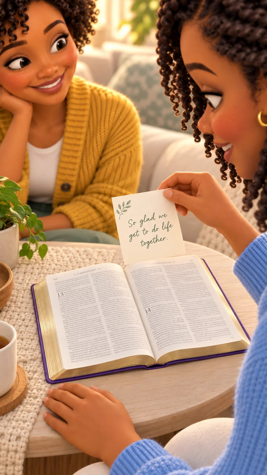 The friend in blue reading a handwritten note at the table