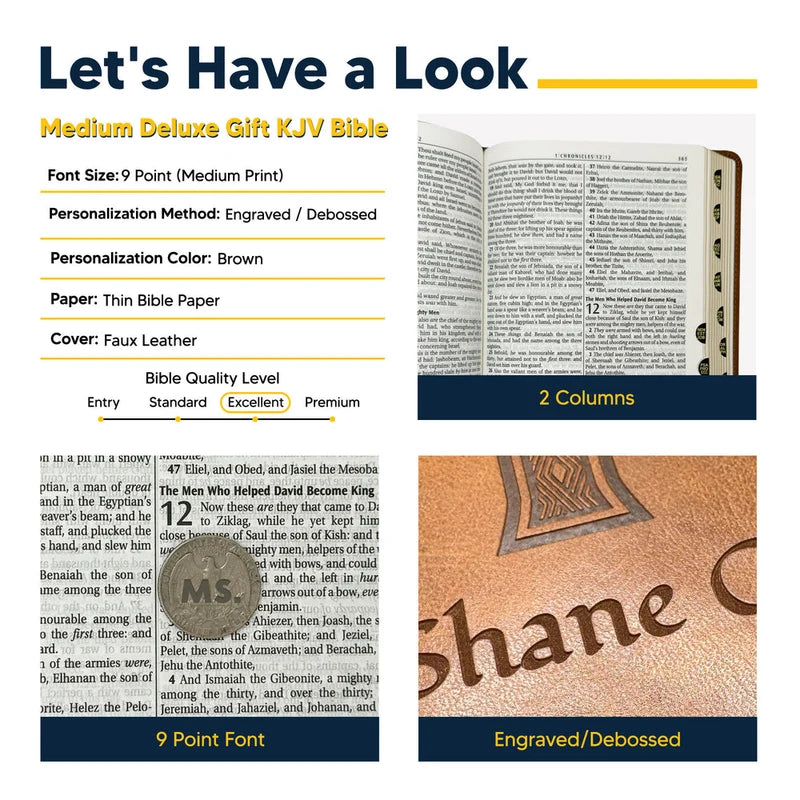 Actual Honey-brown KJV Deluxe catalog detail and personalization sample