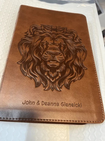 Personalized ESV Dark Brown Standard Size Holy Bible Medium Print | Royal Lion; customer photo by Deanna Gleneicki