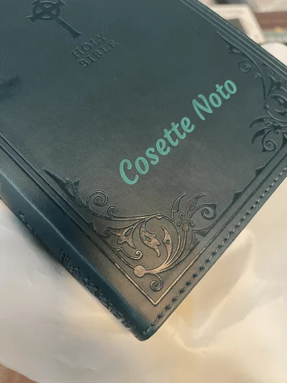 Personalized NRSV Teal Standard Size Catholic Edition Holy Bible Medium Print; customer photo by Cosette Noto