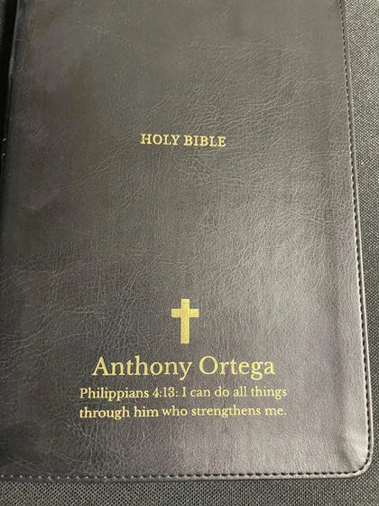 Personalized NKJV Black Study Size Thinline Holy Bible Large Print; customer photo by Emily Ortega