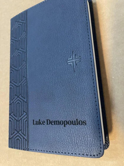 Personalized NLT Blue Standard Size Holy Bible Small Print | Geometric; customer photo by Luke Demopoulos