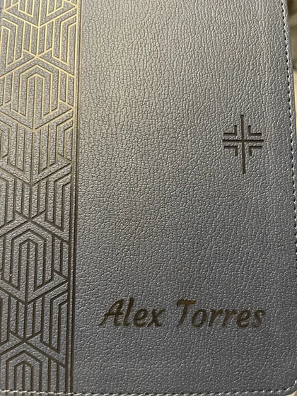 Personalized NLT Blue Standard Size Holy Bible Small Print | Geometric; customer photo by Alex Torres