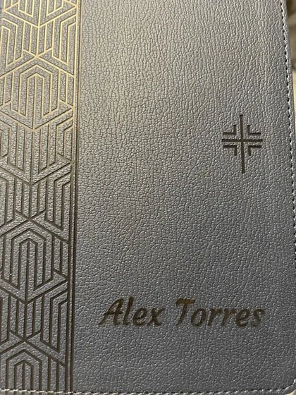 Personalized NLT Blue Standard Size Holy Bible Small Print | Geometric; customer photo by Alex Torres