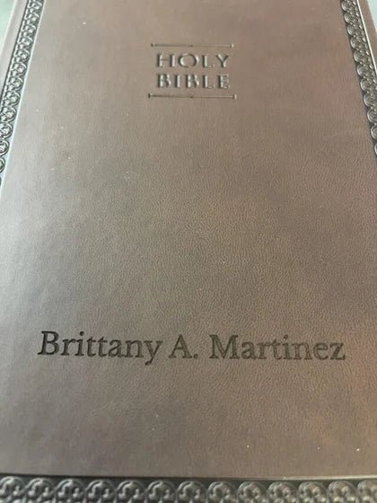 Personalized NIV Brown Standard Size Thinline Holy Bible Small Print; customer photo by Brittany A. Martinez