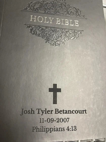 Personalized NIV Black Standard Size Soft Touch Holy Bible Small Print; customer photo by Heather Betancourt