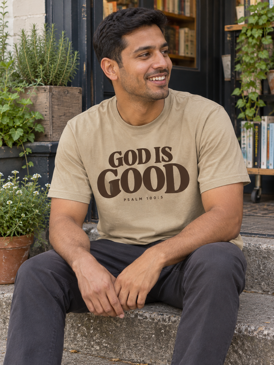 God Is Good Tee Khaki brown front design, candid slider front bookshop