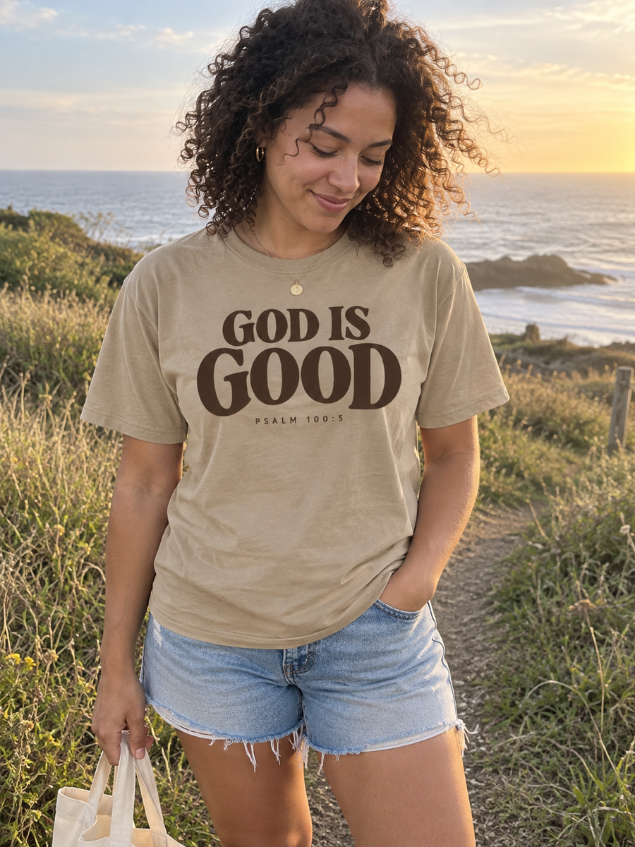 God Is Good Tee Khaki brown front design, candid slider front coast